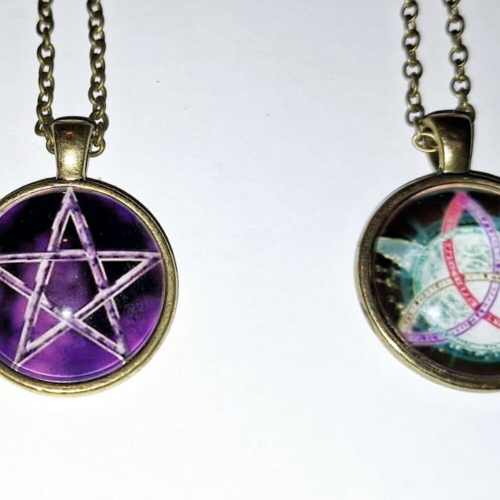 3 Pagan Cabochon necklaces Pentacle Triquatra Bronze